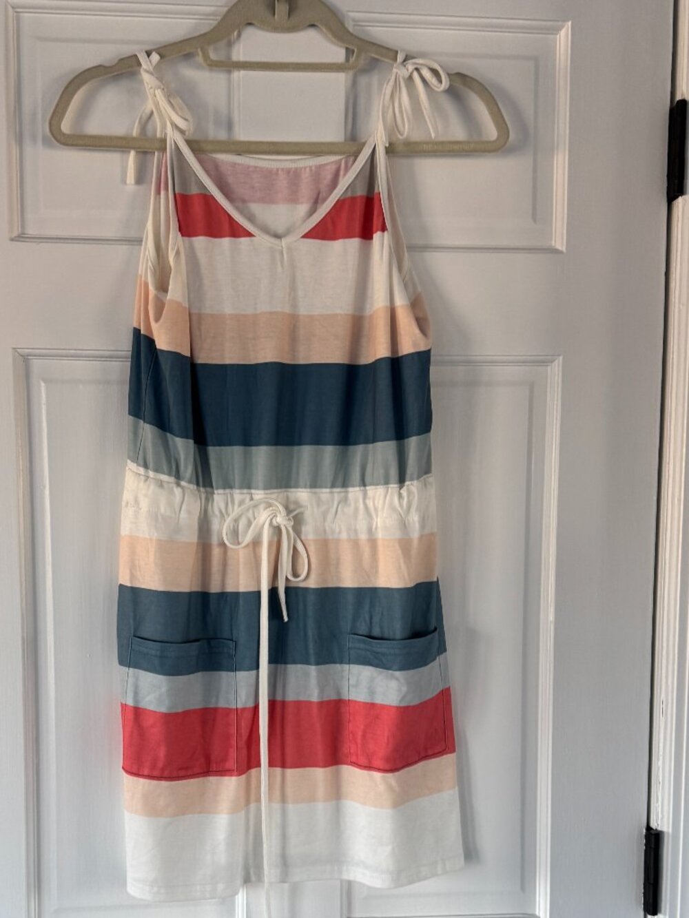 Striped Tie Shoulder Sundress Drawstring Waist Pockets Mini Dress Size M